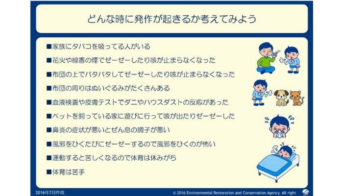 喘息発作がどのような状況で起きるかを示すイラスト。タバコの煙、ペット、布団、花火、運動などのトリガー例を説明しています。