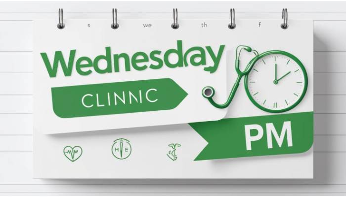 Wednesday Clinic PM」と書かれ、聴診器と時計のアイコンが添えられています。