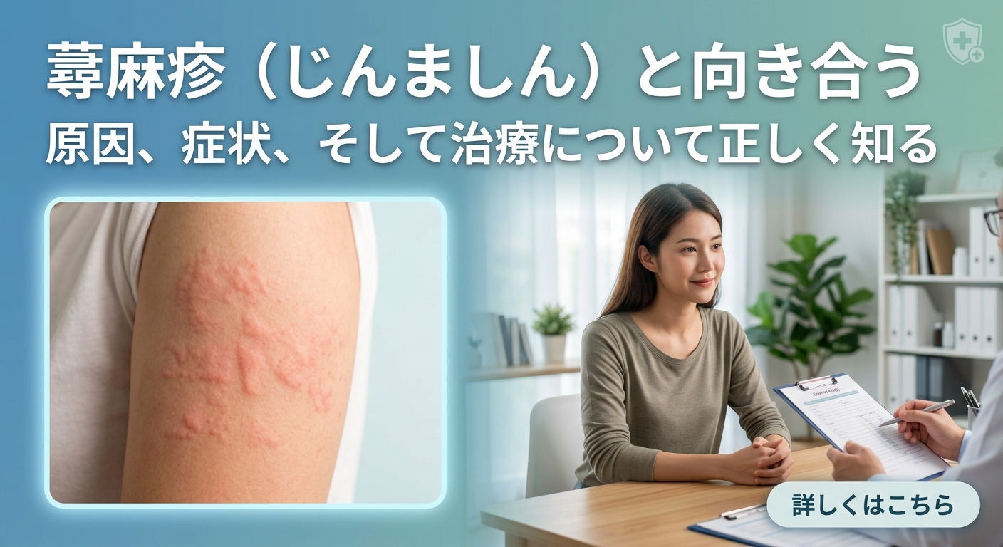 蕁麻疹（じんましん）の症状・原因・治療についての解説画像。腕に出た蕁麻疹の写真と、診察室で医師に相談する女性患者の様子。