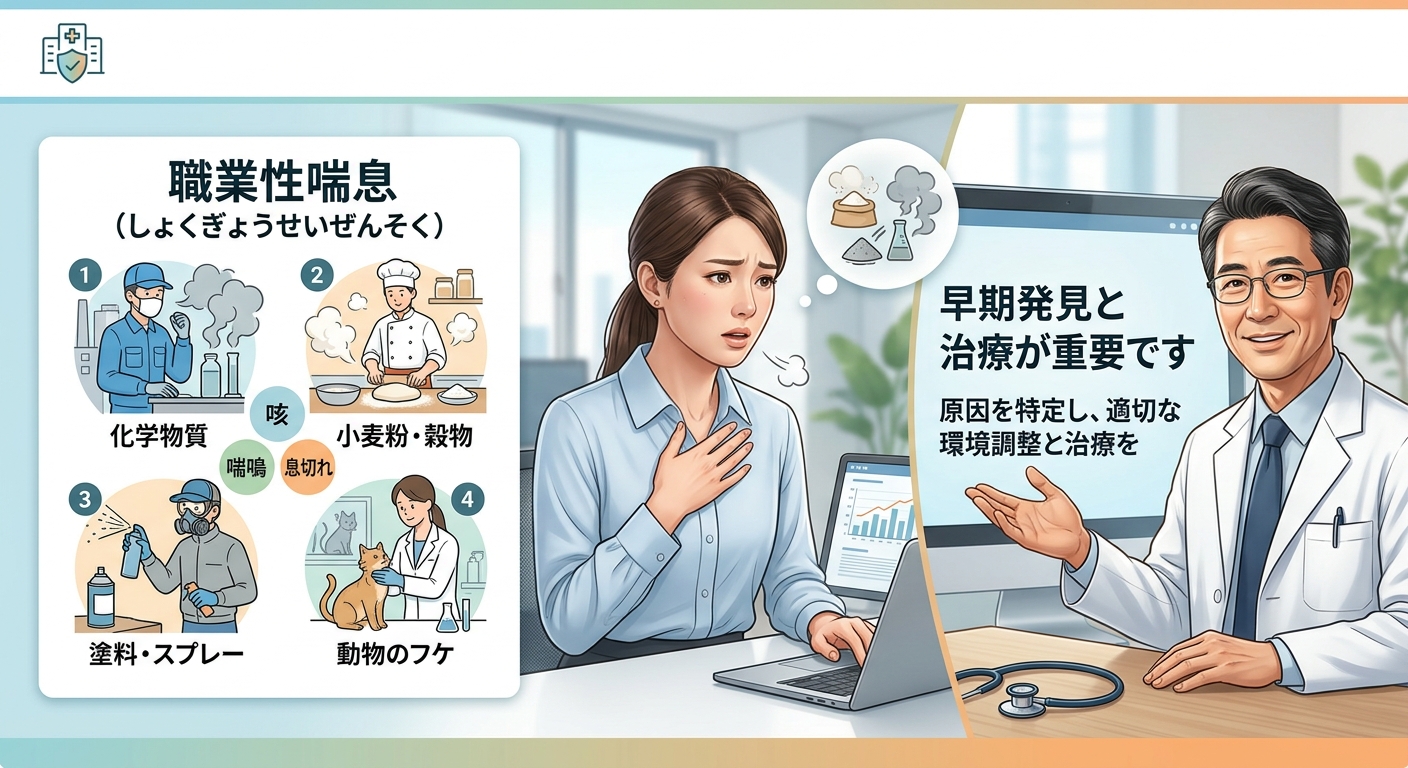 職業性喘息（しょくぎょうせいぜんそく）の解説バナー。化学物質や小麦粉、塗料、動物など職場の原因物質と、職場での症状・医師への相談イメージ