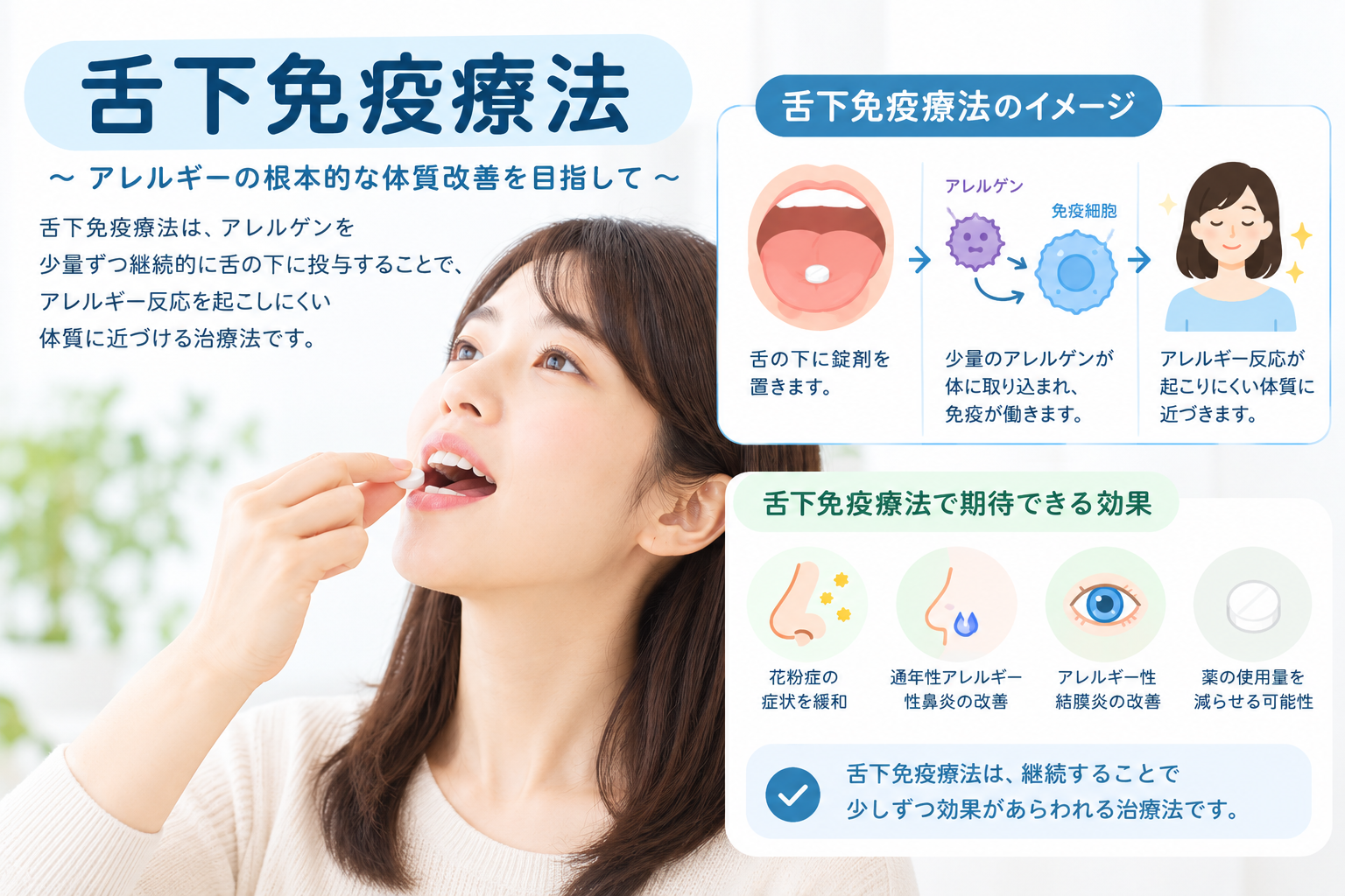 舌下免疫療法のイメージ。錠剤を舌の下に置いて治療する方法を紹介